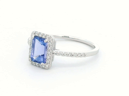 1.28ct Emerald Cut Tanzanite Ring with Diamond Halo in 18K Gold