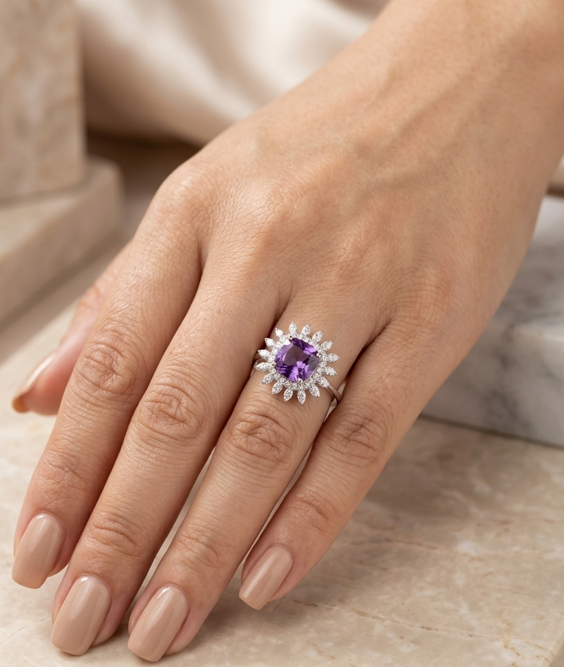 18K White Gold Cushion Cut Amethyst Halo Ring featuring a 2.02 carat natural amethyst surrounded by a diamond halo and marquise-inspired diamond sunburst design with 0.30 carat natural diamonds.