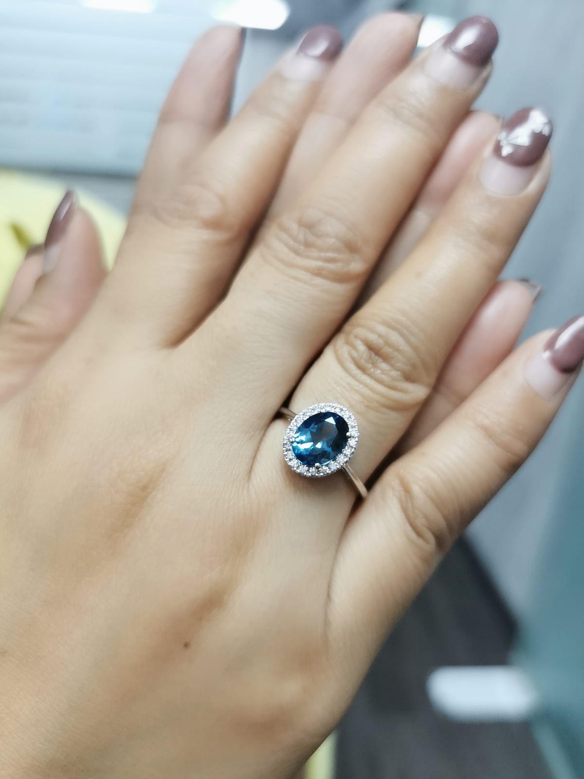 2.22 Carat London Blue Topaz Ring with Diamond Halo in 18K White Gold