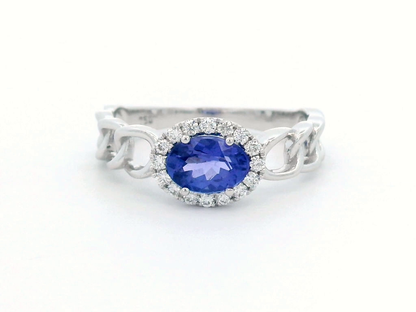 18K White Gold Oval Tanzanite and Diamond Halo Ring