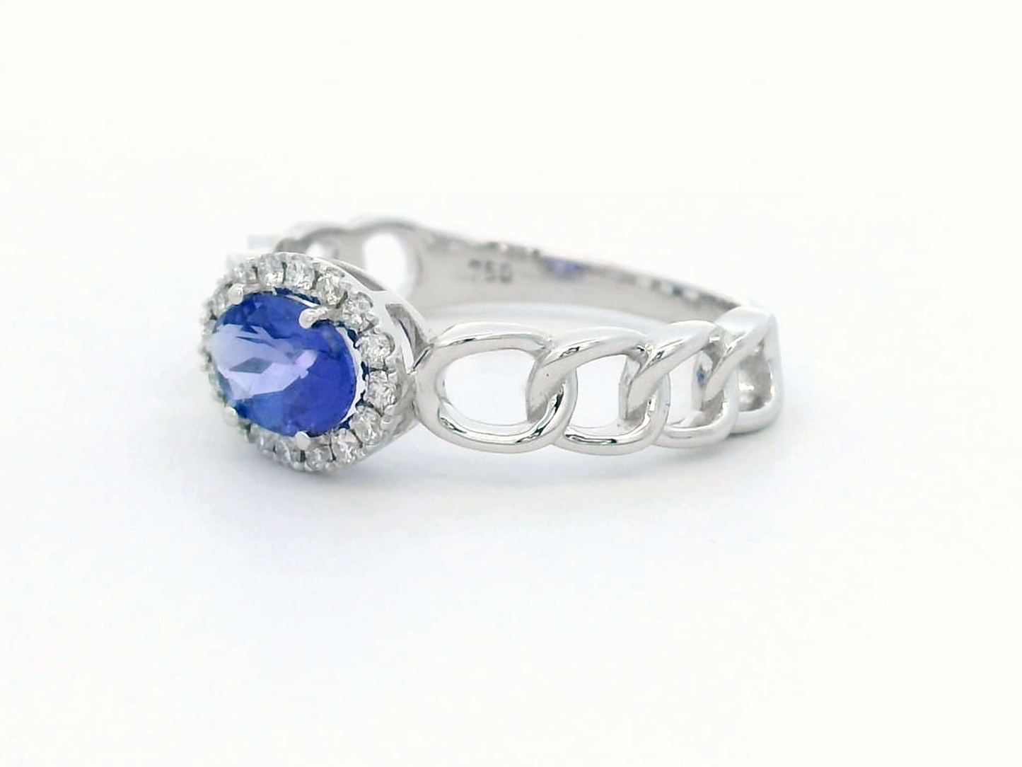 18K White Gold Oval Tanzanite and Diamond Halo Ring