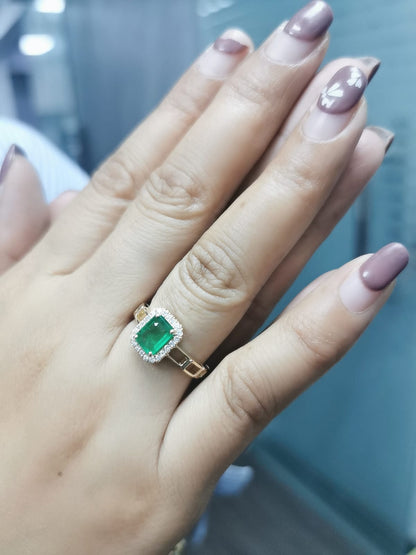 18K Yellow Gold Emerald-Cut Emerald and Diamond Halo Ring