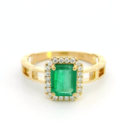 18K Yellow Gold Emerald-Cut Emerald and Diamond Halo Ring