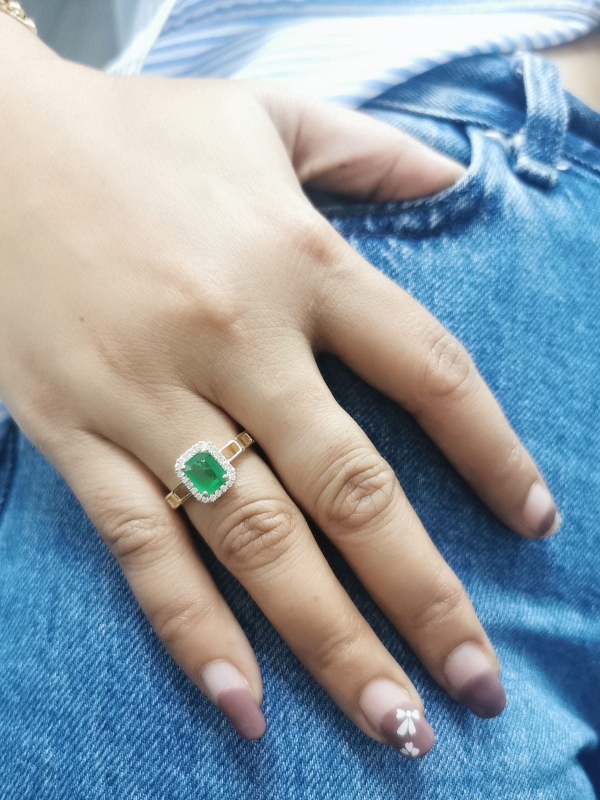 18K Yellow Gold Emerald-Cut Emerald and Diamond Halo Ring