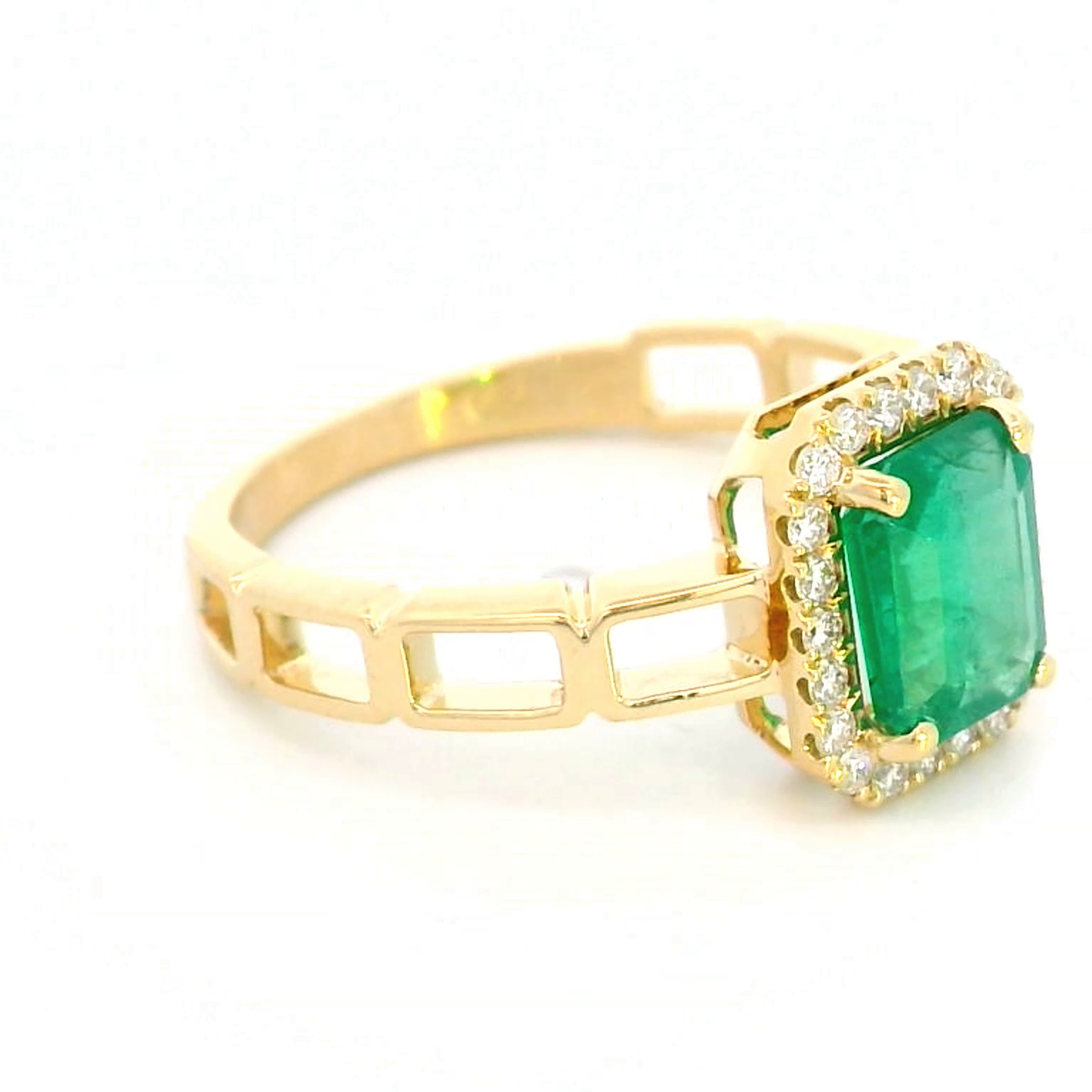 18K Yellow Gold Emerald-Cut Emerald and Diamond Halo Ring