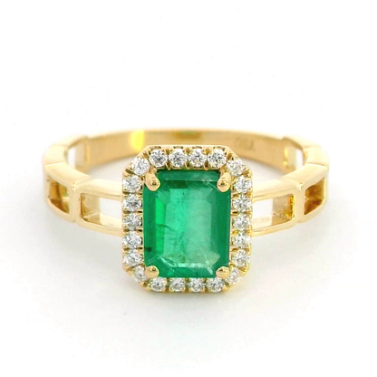 18K Yellow Gold Emerald-Cut Emerald and Diamond Halo Ring