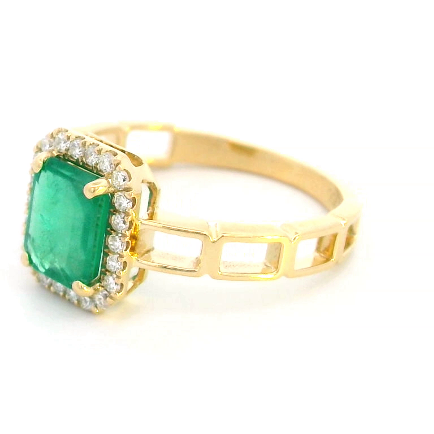 18K Yellow Gold Emerald-Cut Emerald and Diamond Halo Ring