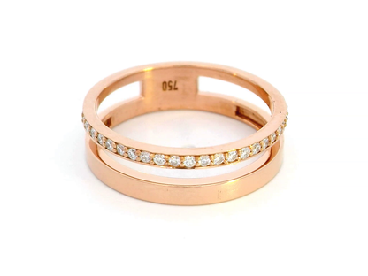 18K rose gold stacking-style ring with 0.19 carat pave diamonds, featuring a double-band illusion for a layered look – modern fine jewelry.