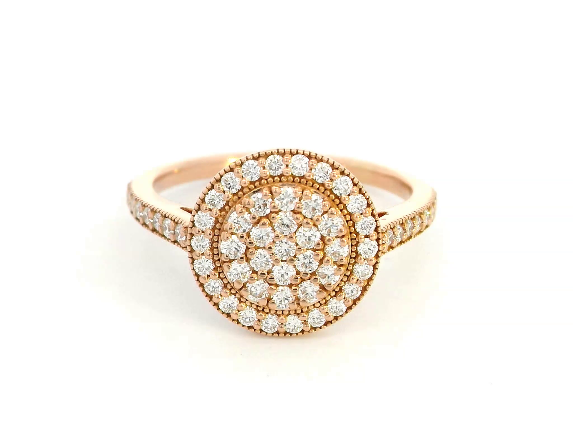 Elegant 18K rose gold diamond cluster halo ring featuring 0.61 carats of round-cut diamonds, with a double halo and pavé-set band.