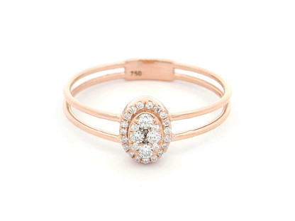 18K rose gold oval diamond halo ring with 0.15 carat diamonds and a delicate double-band design – elegant and modern fine jewelry.