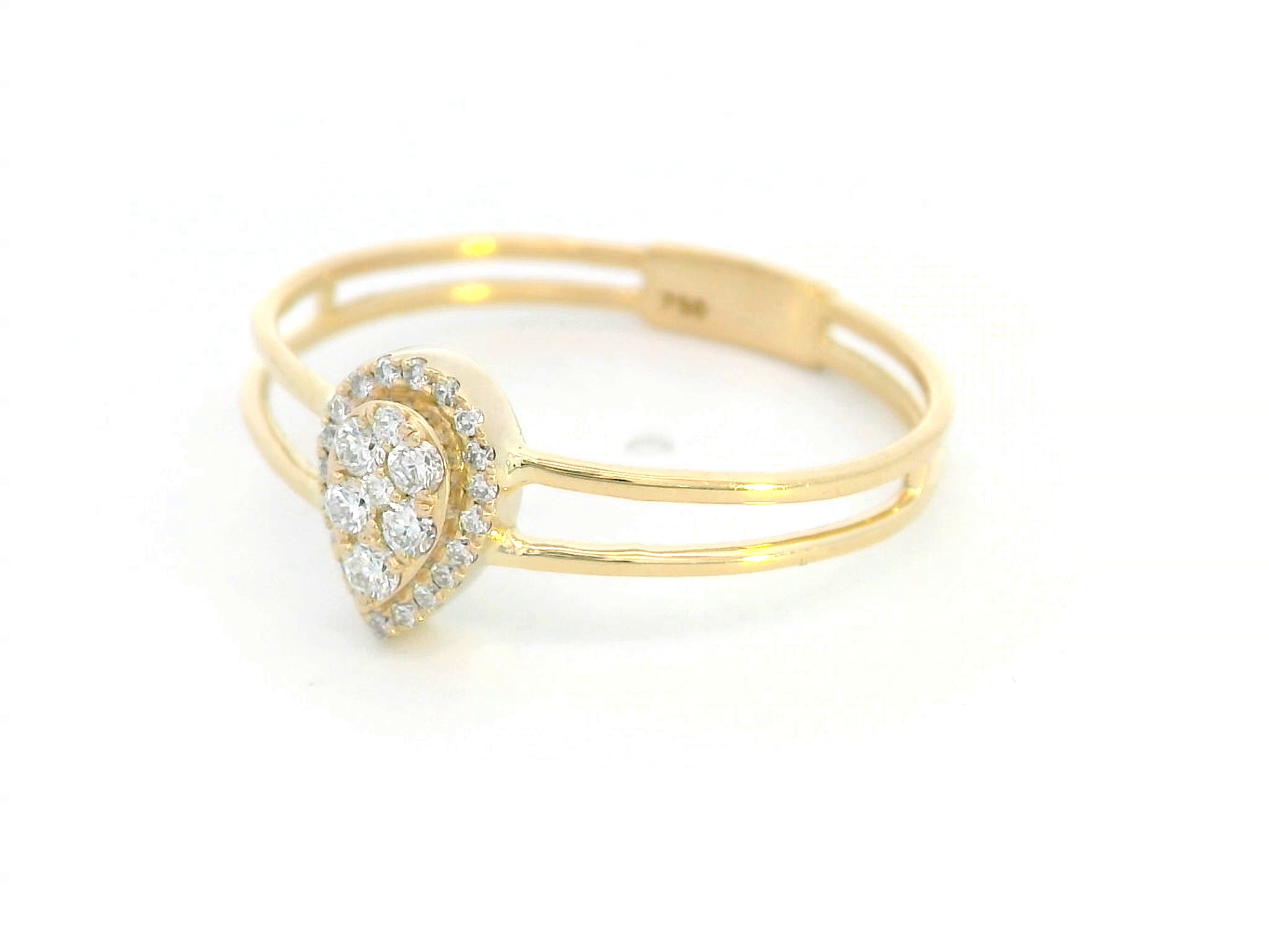 18K yellow gold pear-shaped diamond cluster ring with 0.21 carats of round diamonds in an open double-band design.