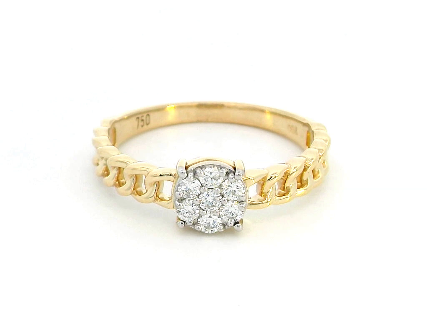 18K Yellow Gold Ring with 0.20ct Diamond Cluster and Cuban Link Chain Band – Women's Gift Box Included