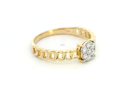 18K Yellow Gold Ring with 0.20ct Diamond Cluster and Cuban Link Chain Band – Women's Gift Box Included