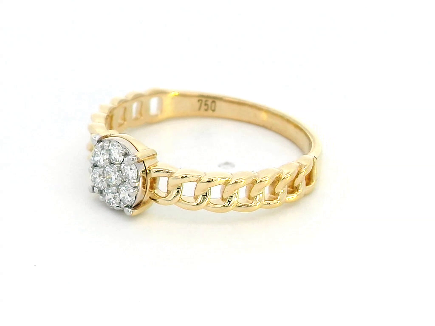 18K Yellow Gold Ring with 0.20ct Diamond Cluster and Cuban Link Chain Band – Women's Gift Box Included