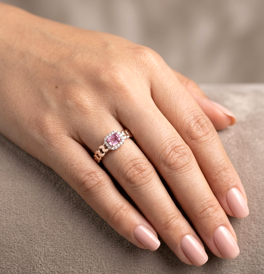 Pink Sapphire And Diamond Halo Ring – Chain-Link Design In 18k Rose Gold
