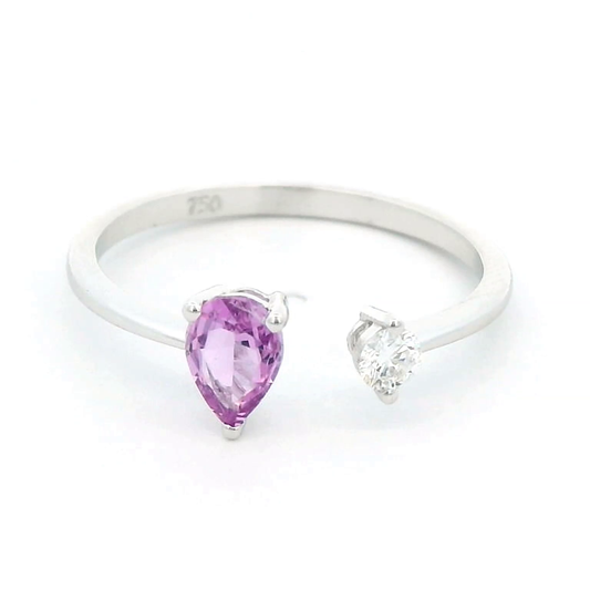 18K White Gold Open Ring with 0.48 Ct Pear-Shaped Pink Sapphire and 0.09 Ct Round Brilliant Diamond