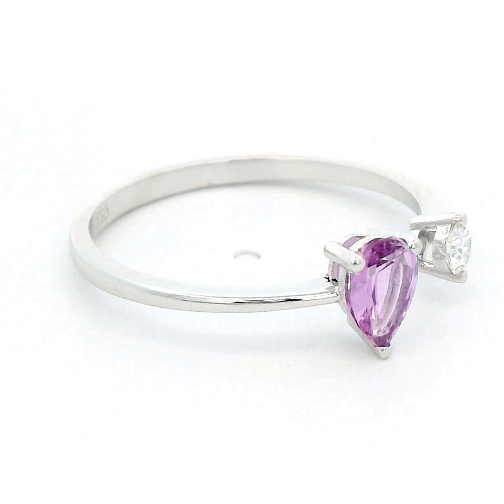 18K White Gold Open Ring with 0.48 Ct Pear-Shaped Pink Sapphire and 0.09 Ct Round Brilliant Diamond