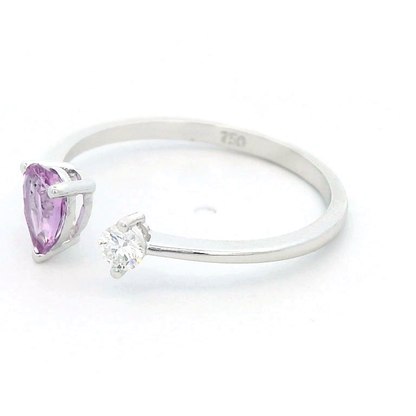 18K White Gold Open Ring with 0.48 Ct Pear-Shaped Pink Sapphire and 0.09 Ct Round Brilliant Diamond