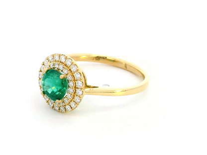 1.10 Carat Emerald Halo Ring in 18K Yellow Gold | Diamond halo Engagement Ring | May Birthstone Jewelry