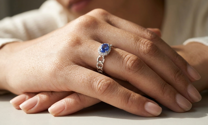 Tanzanite and Diamond Halo Ring In 18K White Gold