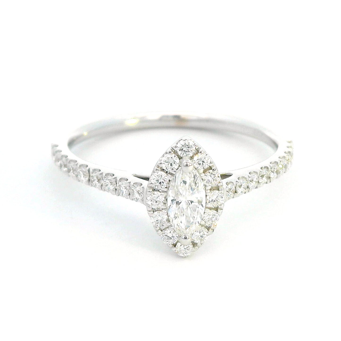 Exquisite 0.57 Carat Marquise Diamond Halo Ring with Round Cut Diamond Accents in White Gold