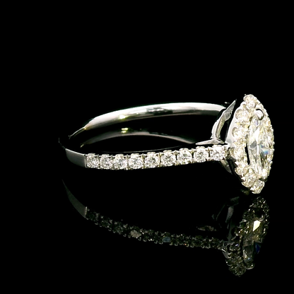 Exquisite 0.57 Carat Marquise Diamond Halo Ring with Round Cut Diamond Accents in White Gold