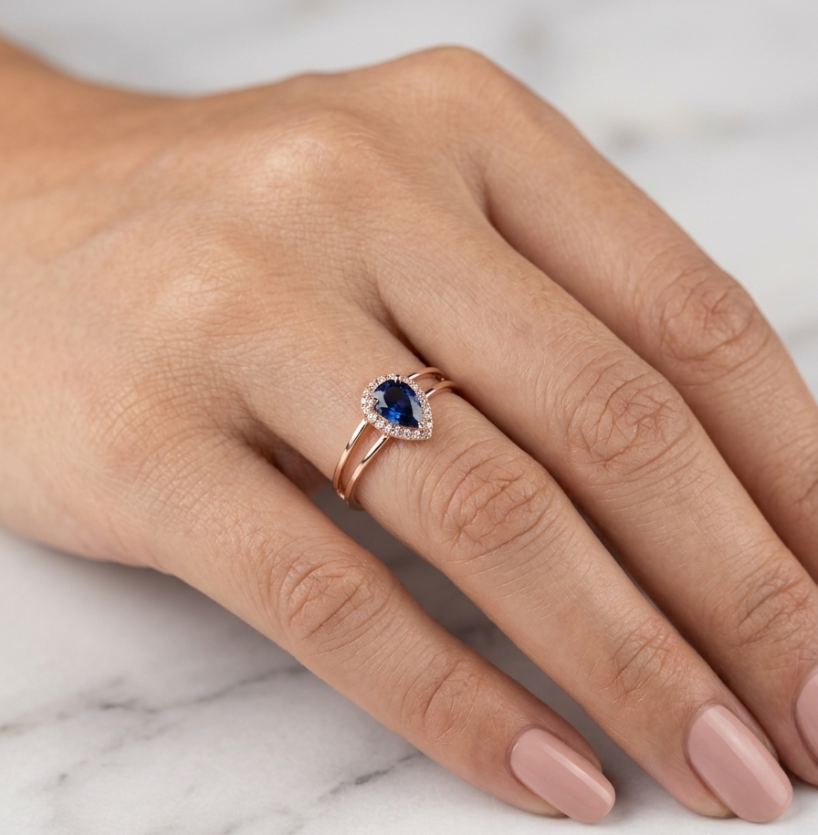 18K Rose Gold Pear Blue Sapphire Halo Ring featuring a 0.51 carat natural pear-shaped blue sapphire surrounded by a delicate diamond halo and a modern double-band design.