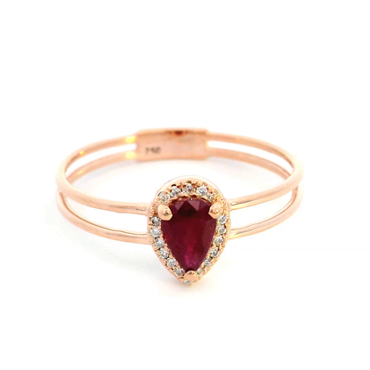 18K Rose Gold Pear-Shaped Ruby and Diamond Halo Ring – 0.53 CT Natural Ruby, 0.05 CT Diamonds