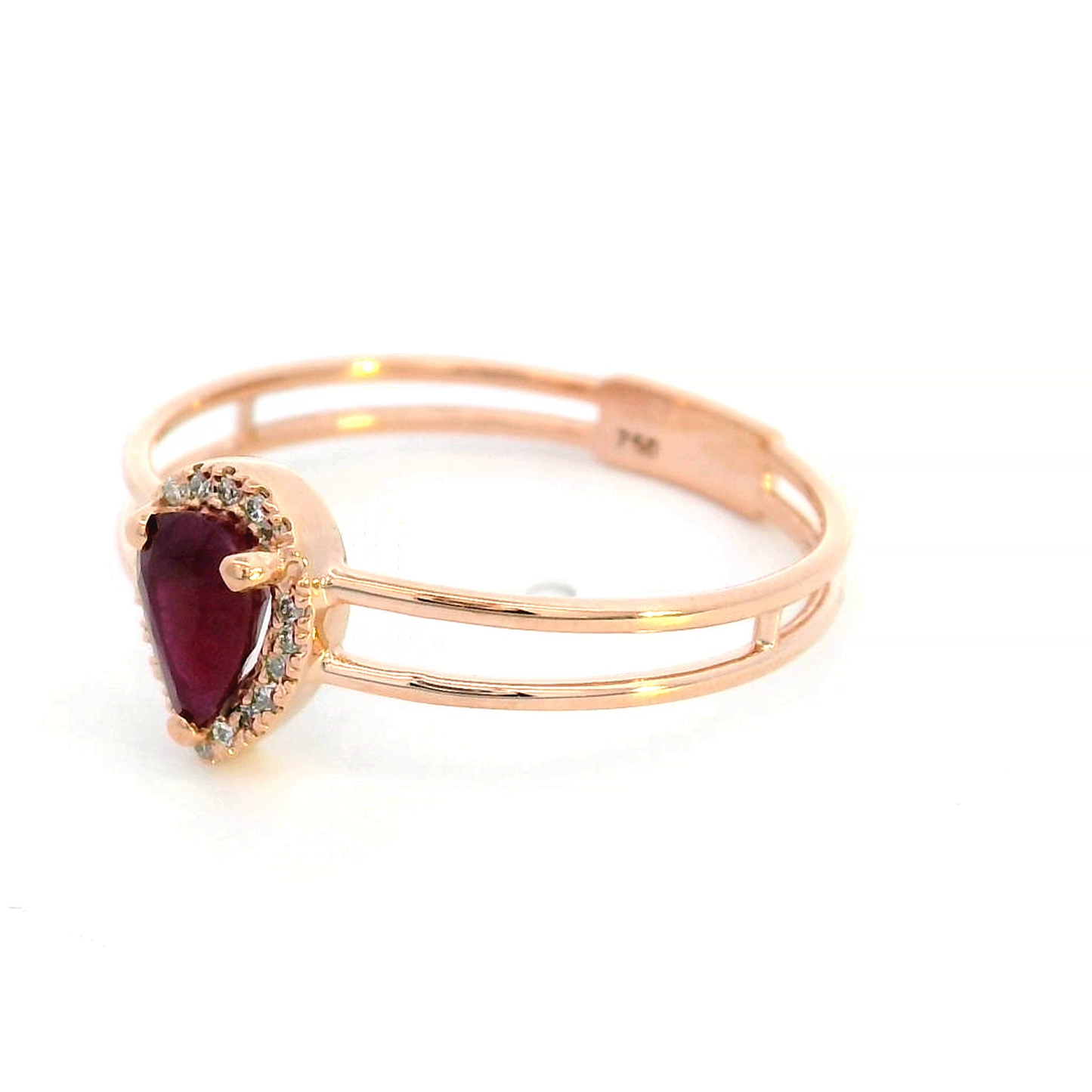 18K Rose Gold Pear-Shaped Ruby and Diamond Halo Ring – 0.53 CT Natural Ruby, 0.05 CT Diamonds