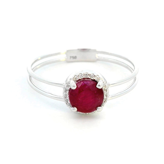 1.14 carat ruby and 0.05 carat diamond halo ring in 18K white gold with a modern double-band design.