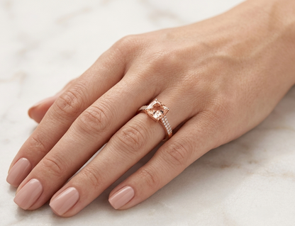 18K Rose Gold Cushion Cut Morganite Ring featuring a 2.00 carat natural morganite with 0.20 carat natural diamond shoulders in a classic solitaire design.