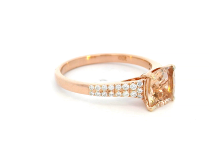 Natural 2.00-carat cushion-cut morganite and diamond engagement ring in 18K rose gold with a pave-set diamond band – romantic gemstone jewelry.