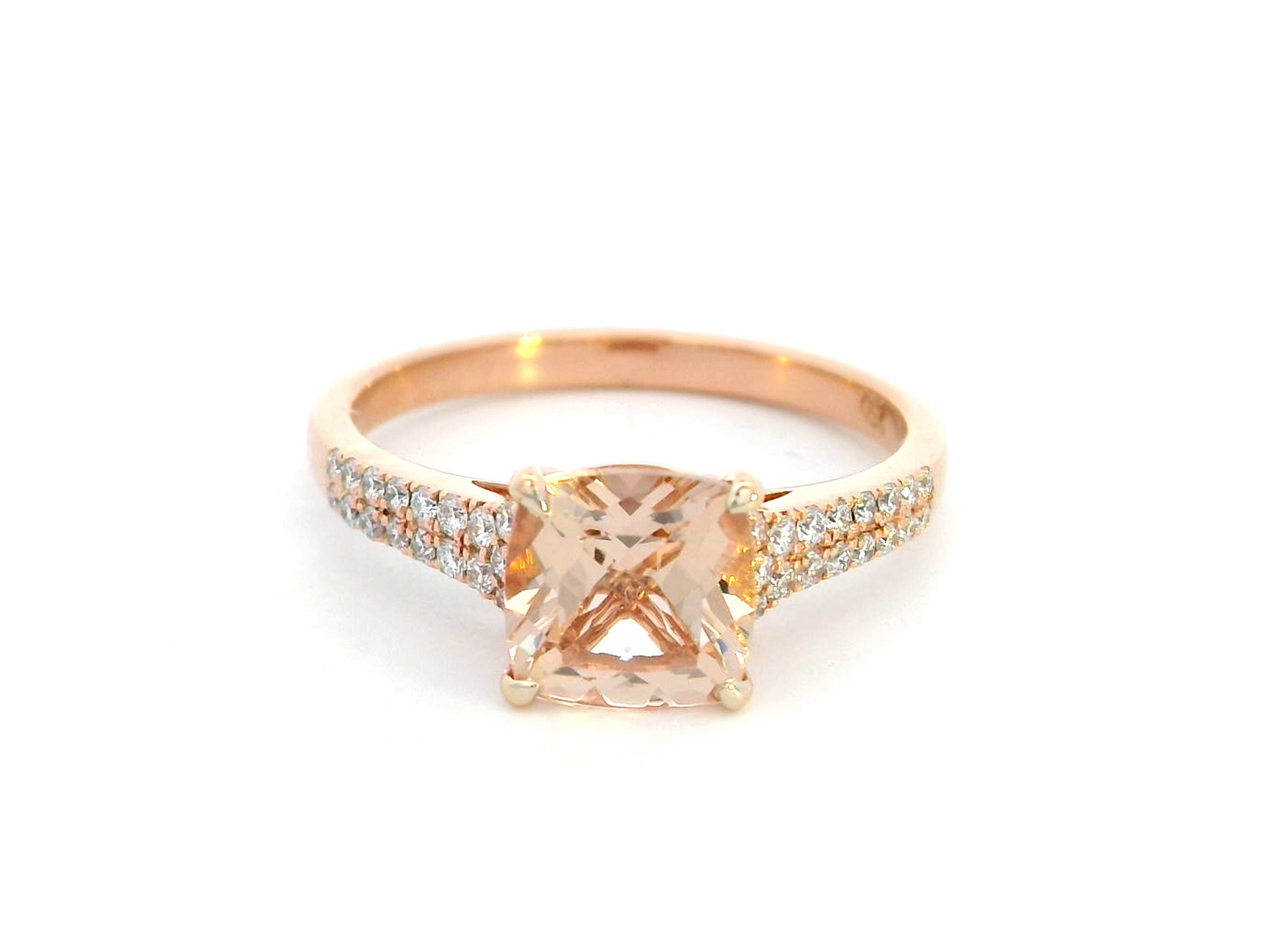 Natural 2.00-carat cushion-cut morganite and diamond engagement ring in 18K rose gold with a pave-set diamond band – romantic gemstone jewelry.