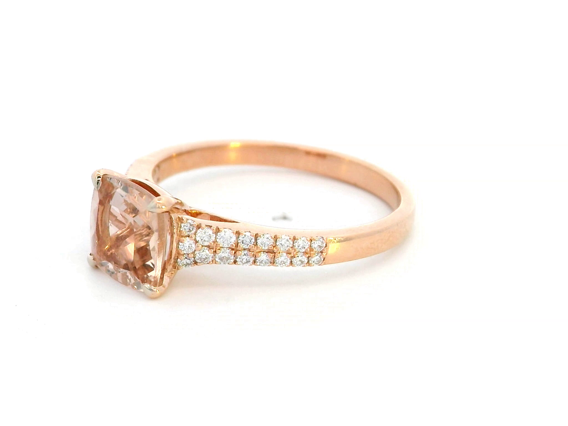 Natural 2.00-carat cushion-cut morganite and diamond engagement ring in 18K rose gold with a pave-set diamond band – romantic gemstone jewelry.