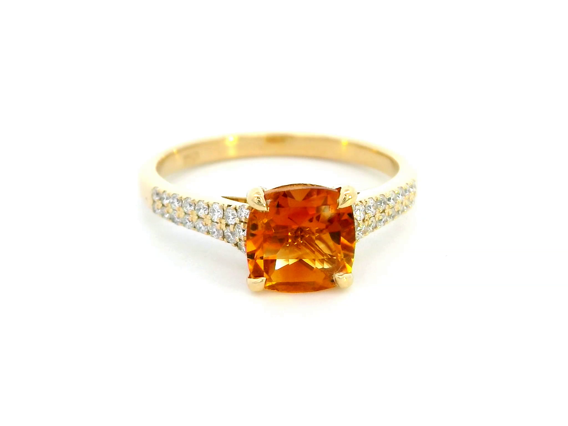 Luxury 18K gold cushion-cut citrine ring with a 1.30-carat natural citrine and 0.21-carat diamond-accented band in a four-prong setting.