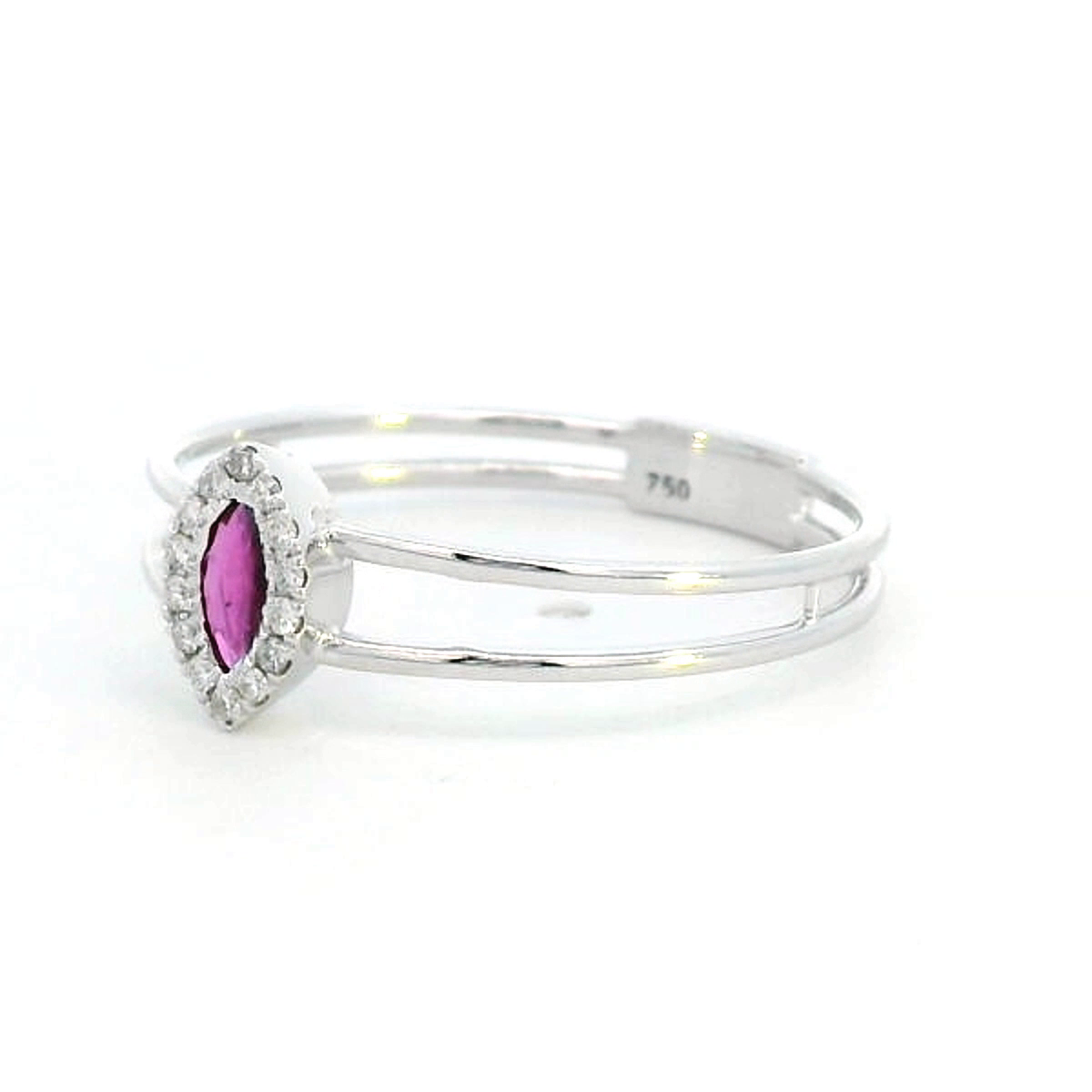 Elegant 18K gold ring featuring a marquise-cut ruby (0.14 carats) encircled by a halo of round-cut diamonds (0.05 carats) with a sleek split band design.