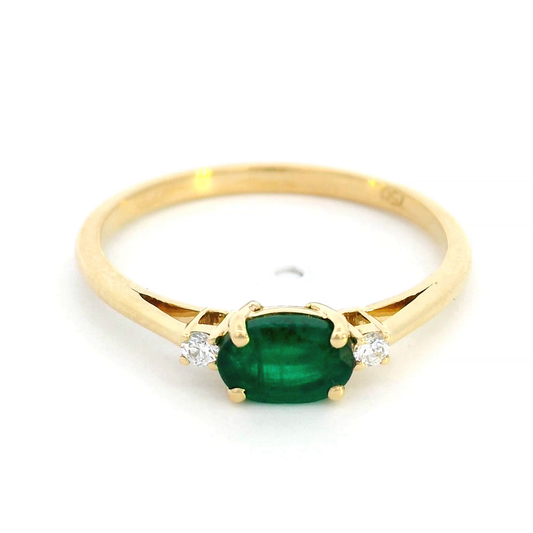 18K yellow gold ring with 0.59-carat oval emerald and 0.05-carat diamond, smooth polished band, perfect May birthday gift.