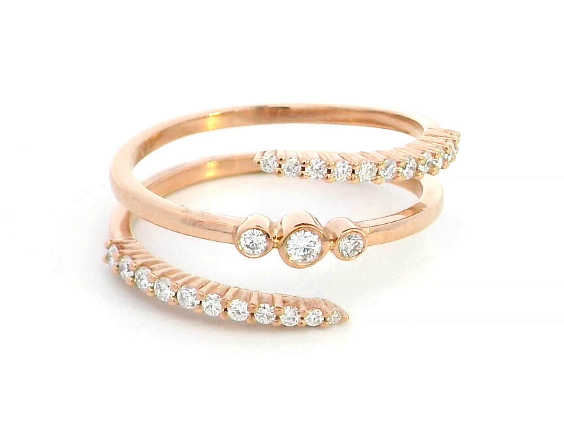 18K rose gold open wrap ring with 0.32 carats of round-cut diamonds in a modern spiral design – statement fine jewelry.