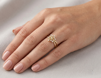 18K Yellow Gold Diamond Starburst Ring featuring 0.14 carat natural round brilliant diamonds in a celestial-inspired star design.