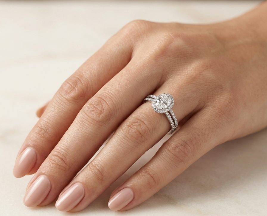 18K white gold oval diamond engagement ring and matching wedding band with 1.03 carat GIA certified center diamond.