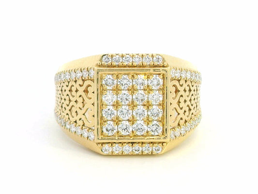 Men’s bold 18K yellow gold diamond cluster ring with square top and filigree design, 0.99 carat total diamond weight.