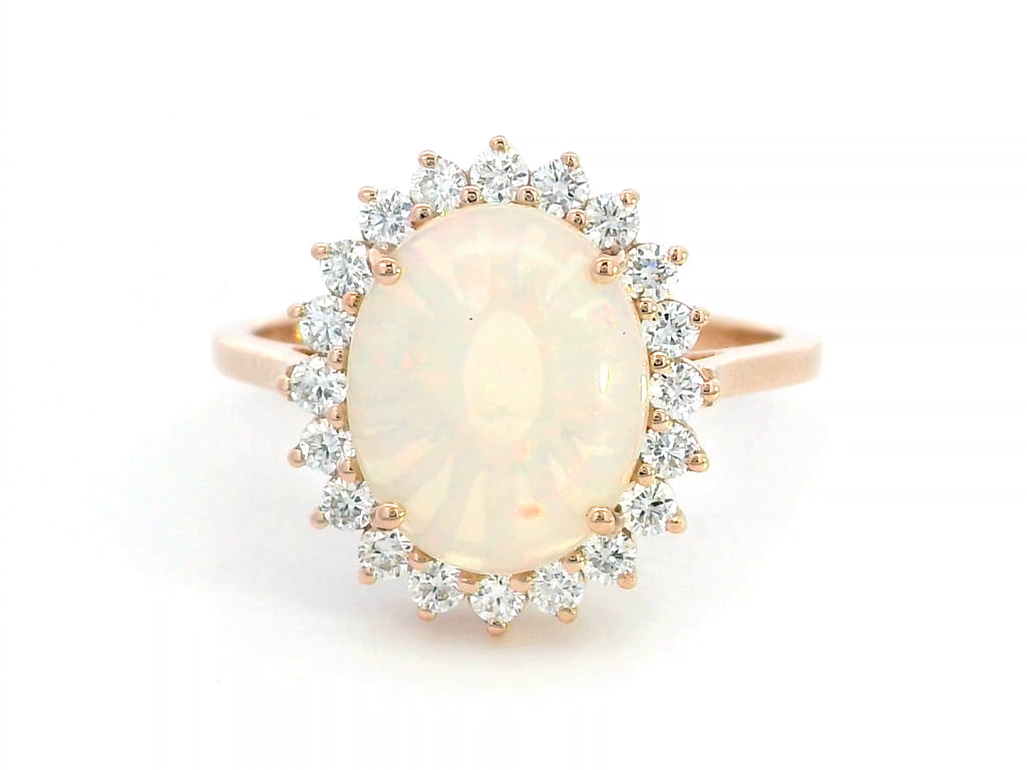 18K Rose Gold Opal and Diamond Halo Ring – 0.93ct Oval Opa