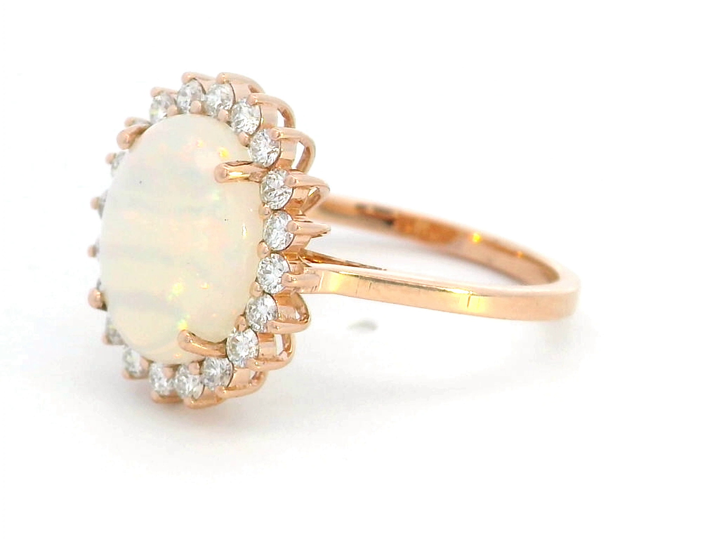 18K Rose Gold Opal and Diamond Halo Ring – 0.93ct Oval Opa