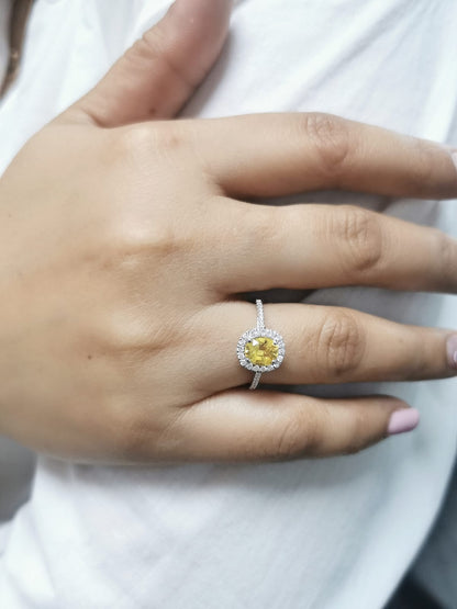 18K Gold Oval Cut Yellow Sapphire and Diamond Halo Ring - 1.35ct Sapphire, 0.26ct Diamonds