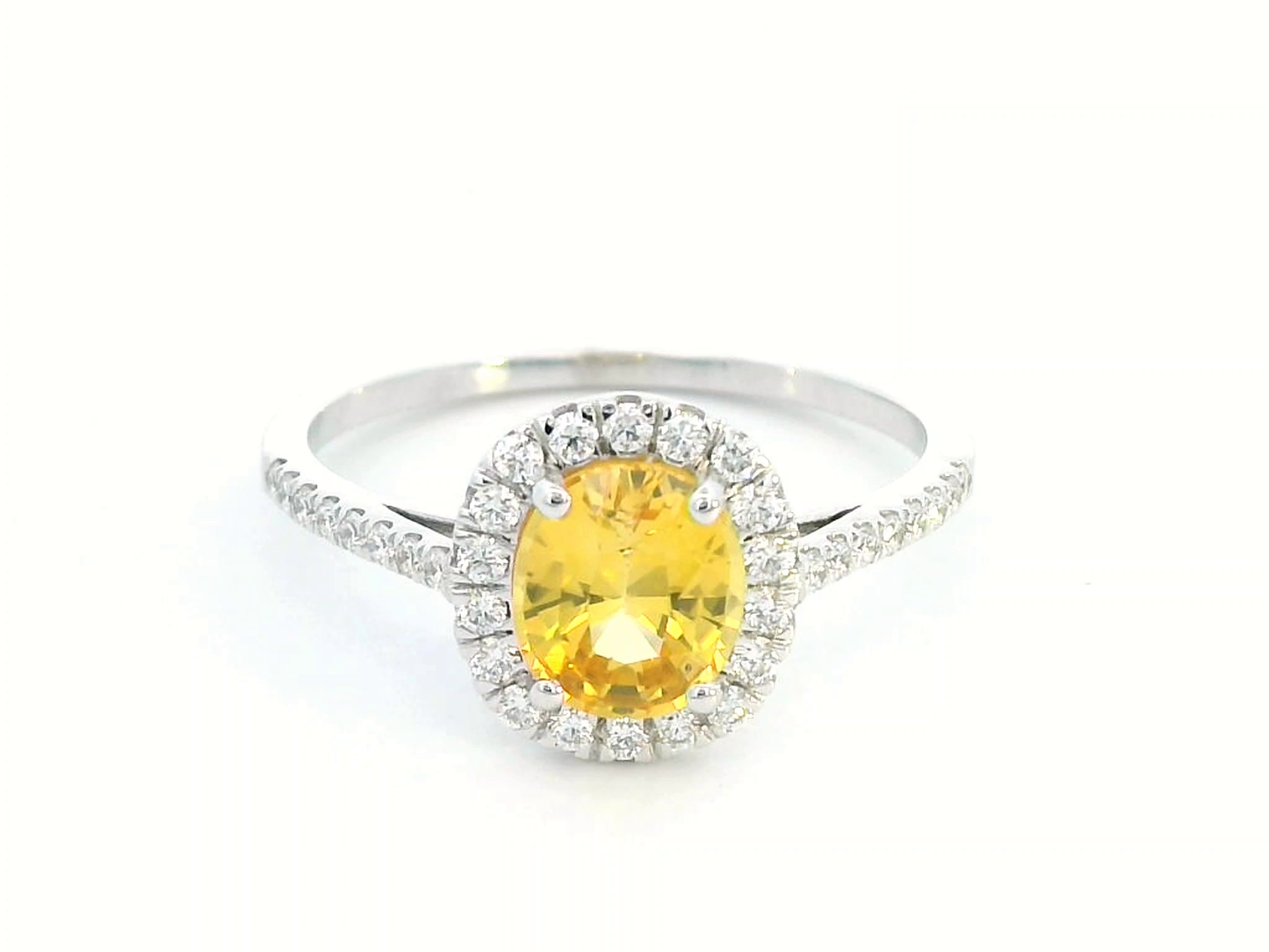 18K Gold Oval Cut Yellow Sapphire and Diamond Halo Ring - 1.35ct Sapphire, 0.26ct Diamonds