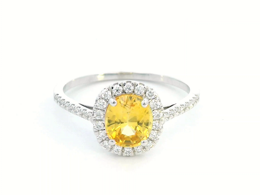 18K Gold Oval Cut Yellow Sapphire and Diamond Halo Ring - 1.35ct Sapphire, 0.26ct Diamonds