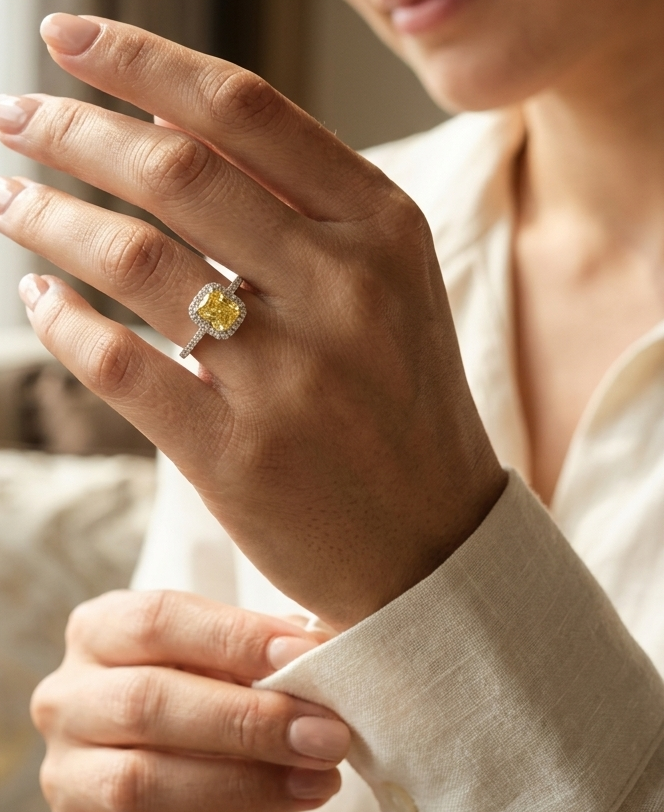 18K white gold yellow sapphire and diamond halo ring with radiant-cut yellow sapphire.