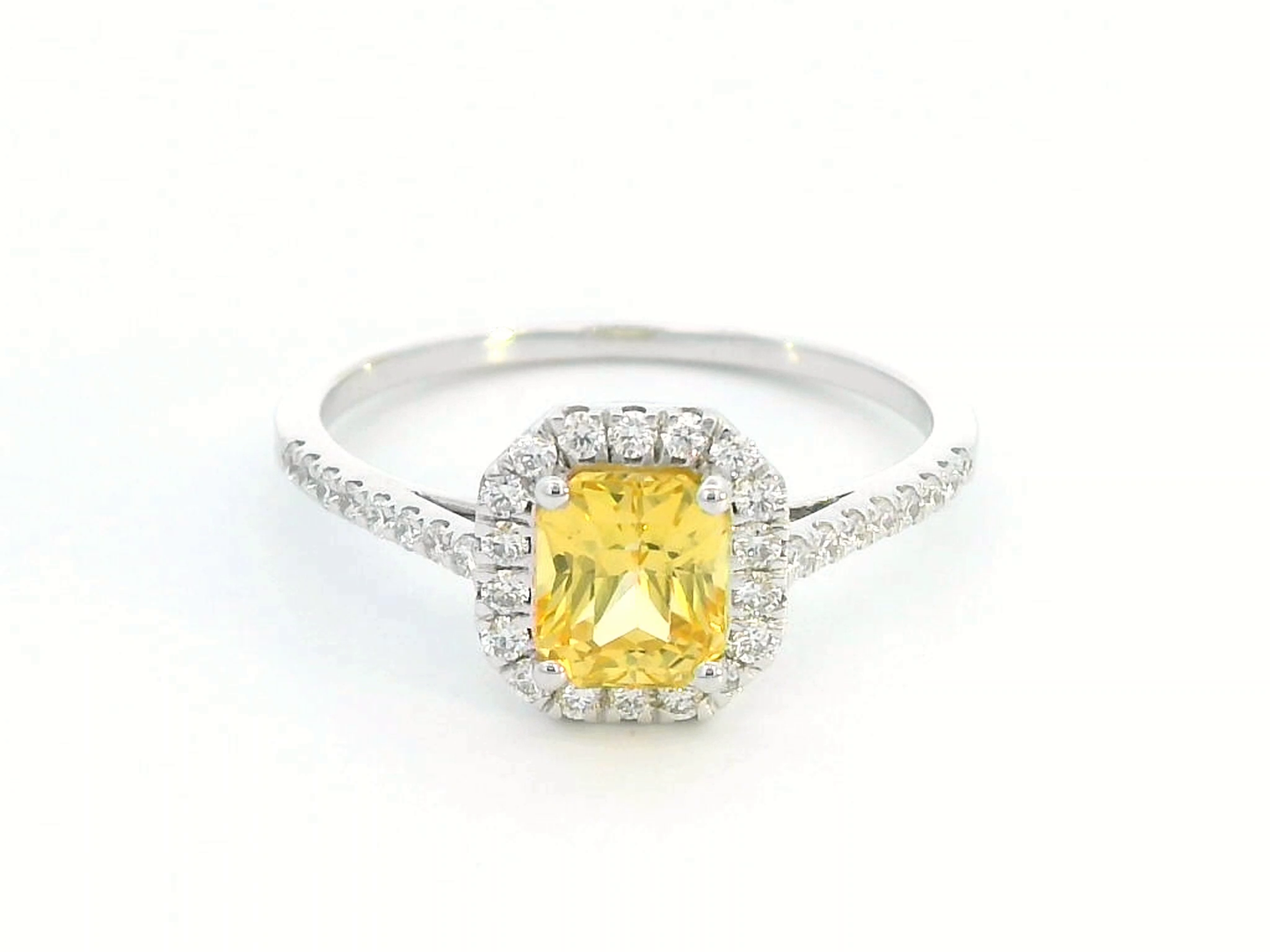 18K Gold Cushion Cut Yellow Sapphire Halo Ring - 1.19ct Sapphire, 0.24ct Diamonds