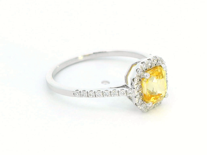 18K Gold Cushion Cut Yellow Sapphire Halo Ring - 1.19ct Sapphire, 0.24ct Diamonds