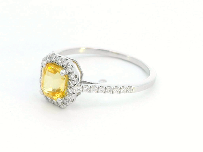 18K Gold Cushion Cut Yellow Sapphire Halo Ring - 1.19ct Sapphire, 0.24ct Diamonds